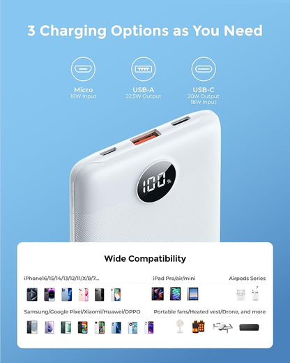 Portable Charger 10000mAh, Ultra Slim Power Bank Fast Charging with Attached USB C Cable, Travel Essential Phone Power Bank Battery Pack for iPhone 17/16/15/14 Samsung S25 Google etc, White