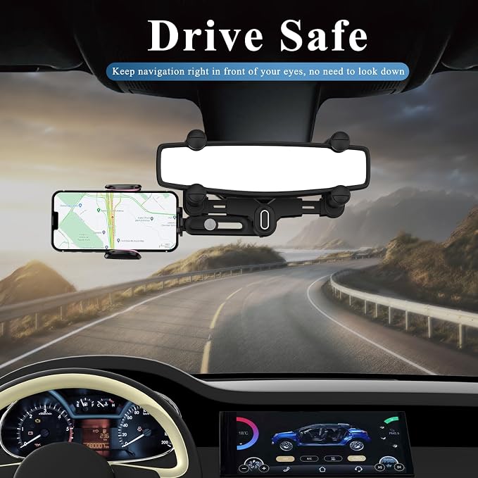 Phone Mount for Car, Rear View Mirror Phone Holder, Rotatable and Retractable Car Phone Holder Mount Rearview Mirror Phone Holder for Car Compatible with iPhone Samsung Cell Phones (Pink)