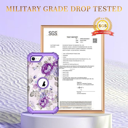 Hocase for iPhone SE 2022/2020 Case, Heavy Duty Shockproof Protection Hard Plastic+Silicone Rubber Hybrid Protective Case for iPhone SE 3rd/2nd Generation (4.7") - Lavender Flowers