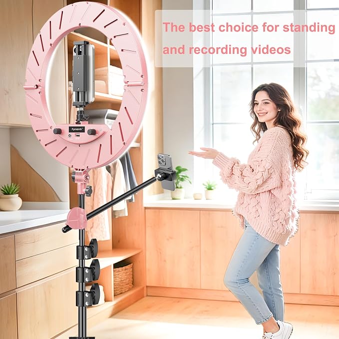 Ring Light 18" with Stand, 55w 6700K LED Light,63" Tripod,Multi-Angle Adjustable Phone Stand, for iPhone and Android Phones, CRI95, Suitable for YouTube, TikTok, Selfies (Pink, 18")