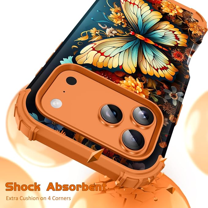 Hocase for iPhone 17 Pro Case 6.3", Heavy Duty Shockproof Protection Soft Silicone Rubber+Hard Plastic Bumpers Hybrid Protective Case for iPhone 17 Pro 2025 - Butterfly in Orange