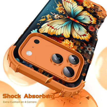 Hocase for iPhone 17 Pro Case 6.3", Heavy Duty Shockproof Protection Soft Silicone Rubber+Hard Plastic Bumpers Hybrid Protective Case for iPhone 17 Pro 2025 - Butterfly in Orange