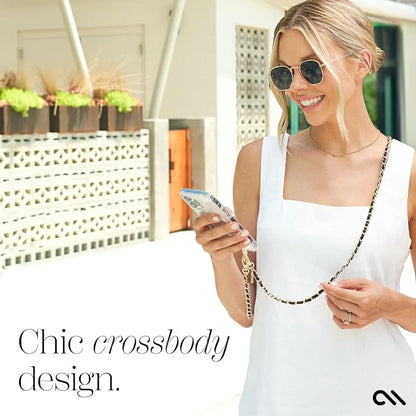 Case-Mate Crossbody Phone Lanyard [Works with All Phones] Hands-Free Strap - Leather Cell Phone Charm - Neck Chain Holder for iPhone 17 Pro Max/16 Pro Max/15/14/13/S26 Ultra - Gold Chain Black Leather