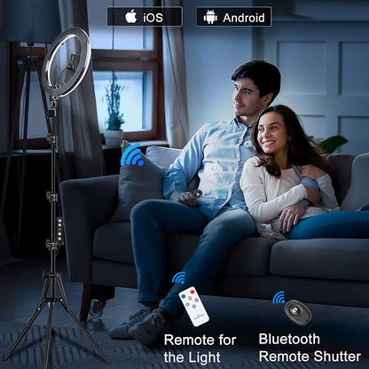 𝗡𝗲𝘄𝗲𝘀𝘁 13" Selfie Ring Light with 63" Stand and 3 Phone Holder, 53 Lighting Modes, iPad Holder, Remote, Desk Tripod, RGB Ringlight for iPhone. Vlogging Circle Led Halo Light Photo Video Kit