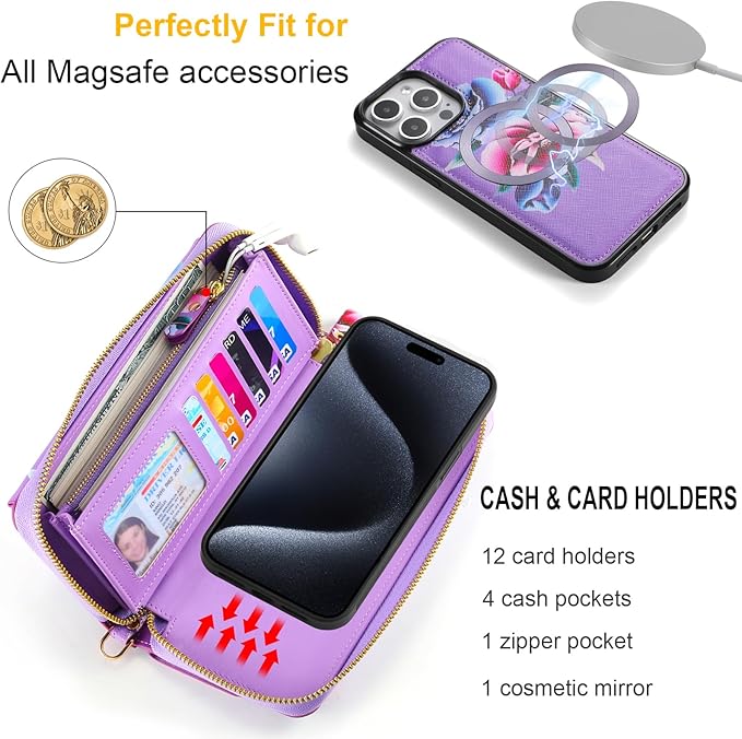 Crossbody Wallet Case for iPhone 16 Pro Max, Magnetic Detachable Floral PU Leather Phone Case with RFID Blocking Card Holder Wristlet Mirror Flip Zipper Shoulder Purse for Wome - Purple