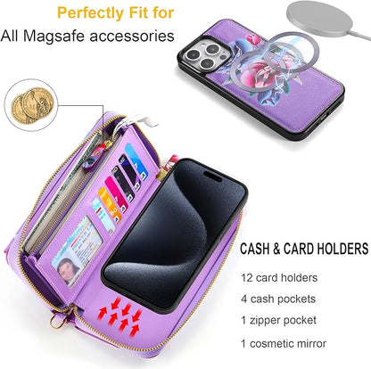 Crossbody Wallet Case for iPhone 16 Pro Max, Magnetic Detachable Floral PU Leather Phone Case with RFID Blocking Card Holder Wristlet Mirror Flip Zipper Shoulder Purse for Wome - Purple