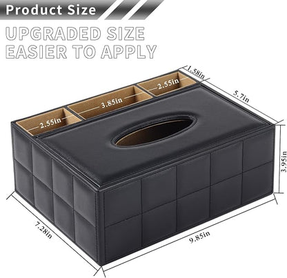 PU Leather Rectangular Tissue Box Cover - Multifunctional Tissue Box Holder with Stationery Remote Control Box, Decorative Tissue Pen Remote Organizer for Home/Office/Restaurant