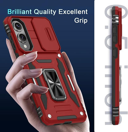 DEERLAMN Case for Samsung Galaxy S25 Edge with Slide Camera Cover+Screen Protector (1 Pack), Rotated Ring Kickstand Military Grade Shockproof Protective Cover-Red