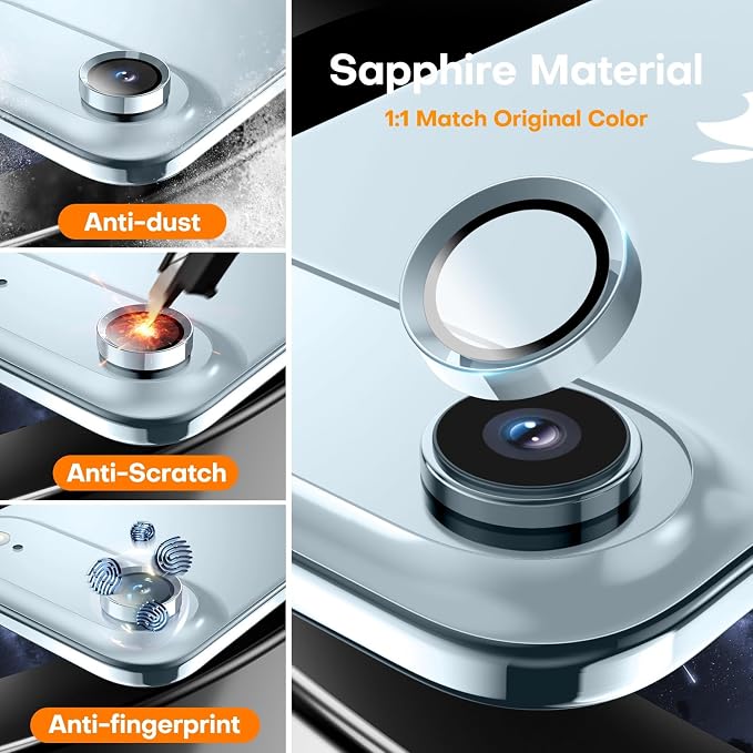 Camera Lens Protector for iPhone Air, Sapphire Glass Metal Individual Camera Cover Screen, Anti-drop, Case Friendly- Sky Blue