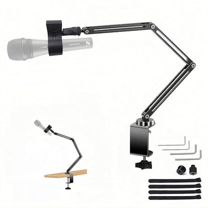 Low Profile Mic Boom Arm Stand 360° Rotatable Adjustable Compact and Foldable Table Microphone Arm Holds 2.5kg with 3/8" to 5/8" Screw Adapter for Game Streaming Podcast Broadcast (C Clamp Mount)