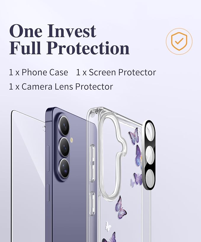 GVIEWIN for Samsung Galaxy S26 Case, Clear Floral Slim Shockproof Protective Women Phone Case, Non-Yellowing, with Screen Protector&Camera Lens Protector for Galaxy S26 6.3", Alluring Butterfly/Purple