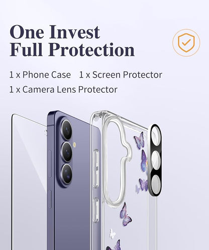 GVIEWIN for Samsung Galaxy S26 Case, Clear Floral Slim Shockproof Protective Women Phone Case, Non-Yellowing, with Screen Protector&Camera Lens Protector for Galaxy S26 6.3", Alluring Butterfly/Purple