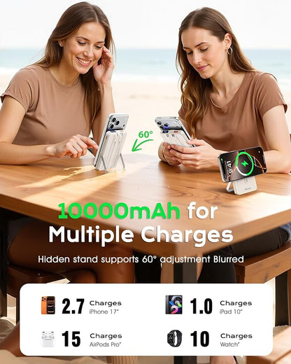 for Magsafe Portable Charger, 10000mAh Power Bank, Creamy White | PD 22.5W Fast Charging with USB-C Cable, Foldable Stand, Magnetic Wireless Charger for iPhone 17/16/15/14/13/12 Series