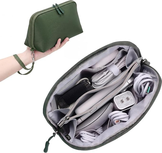 FYY Travel Cable Organizer - 8 Compartments, Lightweight, Water Repellent | With Wrist Strap, Portable Tech Pouch for Cord Charger, Travel and Business Trips Use, Soft Shell Nylon, Green (Large)