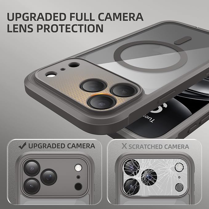 BERFY for iPhone 17 Pro Max Case, Compatible with MagSafe, Built-in Glass Screen Protector, Camera Protection, Shockproof Full Body Phone case 6.9", Clear Grey