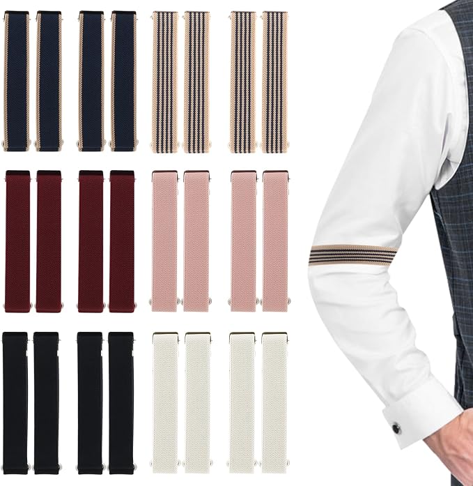 12 Pairs Elastic Black Arm Band Sleeve Garters Anti-Slip Adjustable Armband Unisex Long Sleeve Holders for Men Women,6 Colors