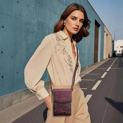 Small Crossbody Bags for Women Trendy Vegan Leather Cell Phone Bag Embossed Flower Design Wallet Purses with Strap