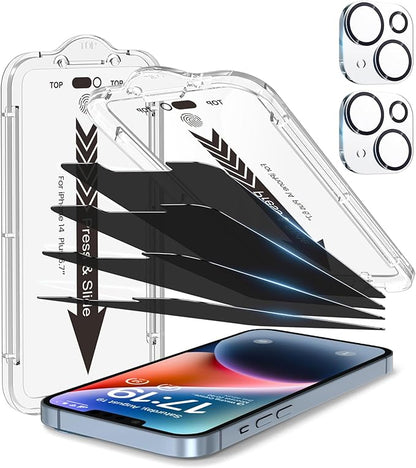 EZ-GLAZ- 4 Pack for iPhone 14 Plus Privacy Screen Protector[6.7"] With 2 Pack Camera Lens Protector, [Drop Protection] 9H Hardness Full Coverage Anti-Spy Tempered Glass Film, Easy to install