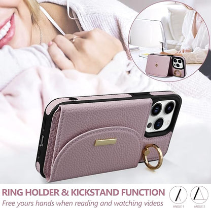 Keallce Wallet Case for iPhone 14 Pro Max 6.7'', Flip Case with Card Slots, Ring Holder Kickstand, PU Leather Protective Folio Cover for Women, Pink