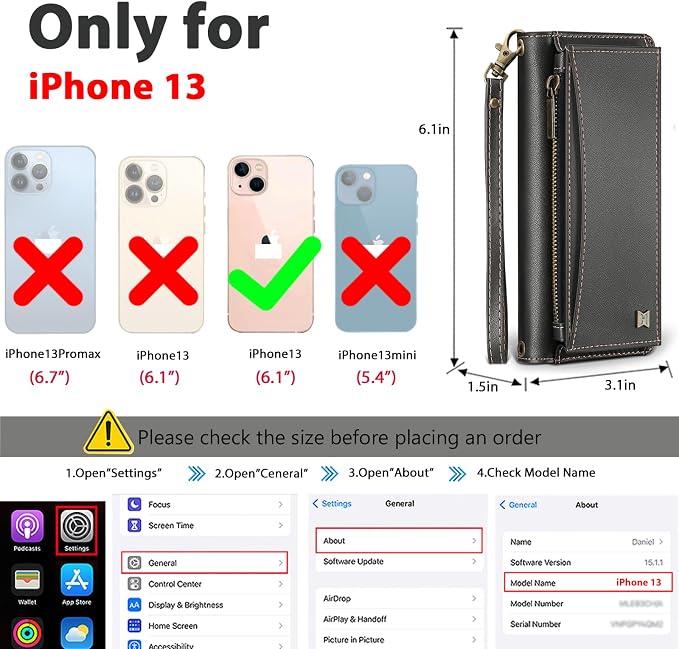 Wallet Case for iPhone 13 with Card Holder/Crossbody Wallet/Strap| RFID Blocking | Magnetic | Kickstand | Detachable | PU Leather Phone Case for iPhone 13,6.1 in,Black