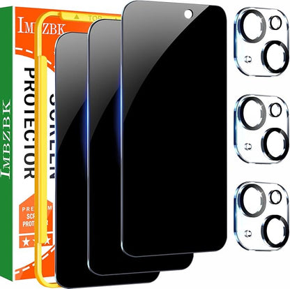 IMBZBK 3 Pack Privacy Screen Protector for iPhone 15 Tempered Glass with 3 Camera Lens Protector, Accessories 9H Anti Spy, 2.5D Curved, Case Friendly, Transparent