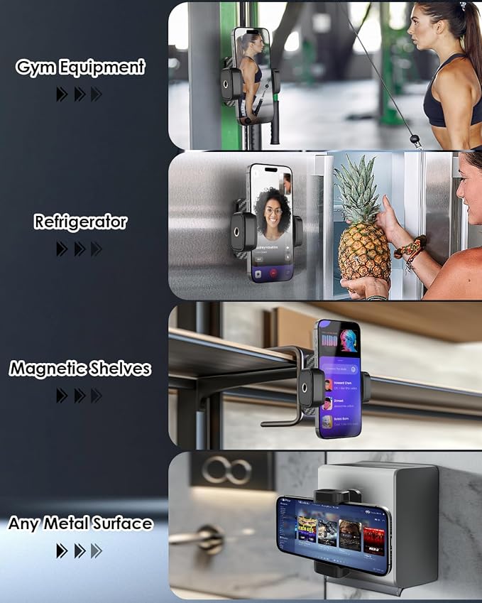 IPOW Magnetic Gym Phone Holder with 360° Rotation, Strong Alloy Base & Adjustable Arm, Compatible with 4.7"-6.5" Smartphones, Magnetic Mount for Gym Equipment, Workout, Treadmill – Black