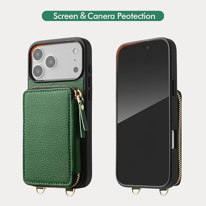 ZVE for iPhone 17 Pro Max Wallet Case Crossbody, Zipper Purse with Card Holder Wrist Strap for Women 6.9" Dark Green
