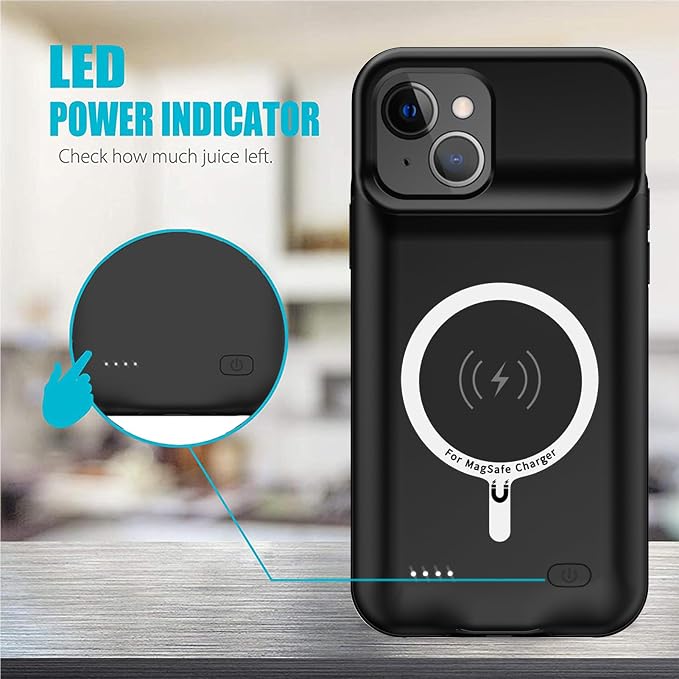 Battery Case for iPhone 13, Full Encircle 10000mAh High Capacity Rechargeable Portable Charger Case Extended Battery Pack Compatible with iPhone 13 (6.1 inch) Wireless Charging Case with Carplay-Black