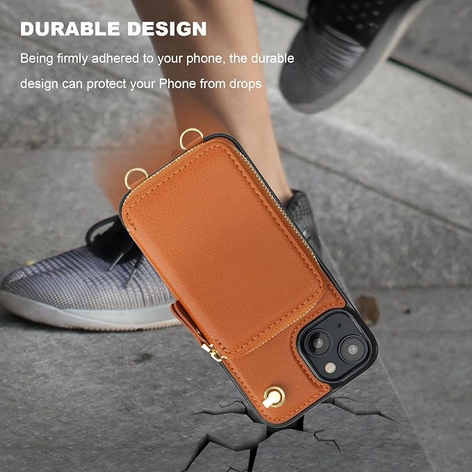 Bocasal for MagSafe Crossbody Wallet Case Compatible with iPhone 15, RFID Blocking Protective Purse Case with Card Slots Holder Kickstand Wrist Strap Lanyard Zipper 6.1 Inch 5G (Brown)
