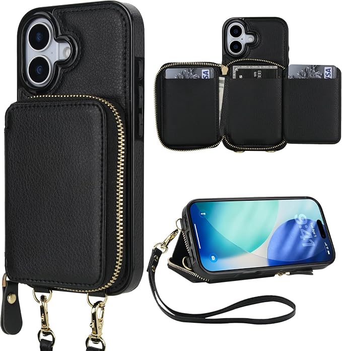 Bocasal RFID Blocking Wallet Case for iPhone 17, Adjustable Crossbody Zipper Purse Case Card Holder with Kickstand Detachable Wrist Strap, PU Leather Flip Folio Case 6.3 Inch 5G (Black)