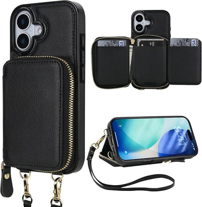 Bocasal RFID Blocking Wallet Case for iPhone 17, Adjustable Crossbody Zipper Purse Case Card Holder with Kickstand Detachable Wrist Strap, PU Leather Flip Folio Case 6.3 Inch 5G (Black)