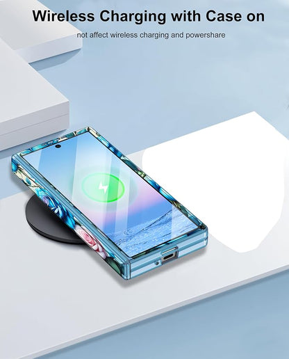 Btscase for Samsung Galaxy Z Fold 6 Case,Built in Front Screen Protector,Gold Glitter Marble Pattern Hard PC Slim Shockproof Full Body Drop Protective Case for Galaxy Z Fold 6 5G, Blue Rose