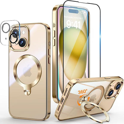 [Tri-Shield Protection] for iPhone 15 Case with 360° Spin Stand Compatible with MagSafe [Magnetic CD Ring] [Screen & Camera Lens Protector] Shockproof Plating Never-Yellowing, Gold-6.1"