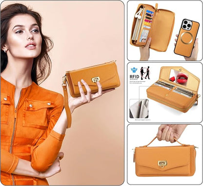 Crossbody Wallet Case for iPhone 16 Pro Max, Magnetic Detachable Floral PU Leather Phone Case with RFID Blocking Card Holder Wristlet Mirror Flip Zipper Shoulder Purse for Wome - Orange