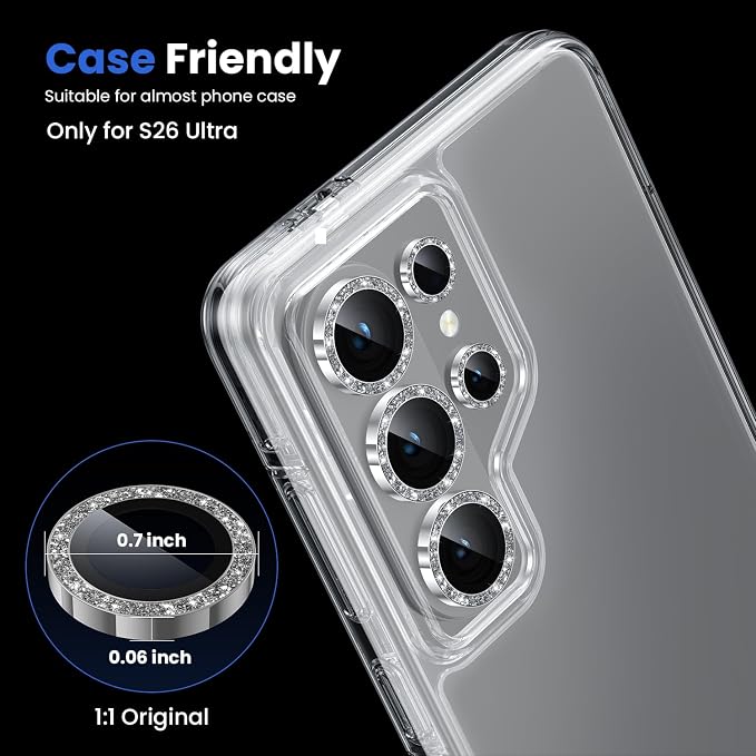 WSKEN for Samsung Galaxy S26 Ultra Camera Lens Protector - Ultra Thin Case Friendly, 9H Shatterproof Tempered Glass with Anti Scratch Metal Circle Camera Screen Protector Cover Accessories, Glitter