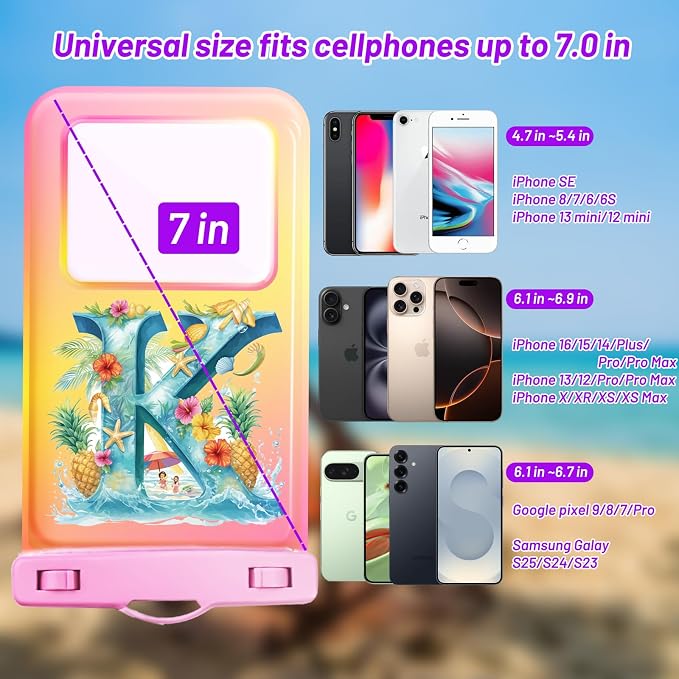 Personalized Initial Waterproof Phone Pouch Case - IPX8 Cellphone Dry Bag with Lanyard for iPhone 16/15/14/13/12 Pro Max (6.1–6.9"), Beach & Cruise Ship Essentials with Monogrammed Design (Pink, K)