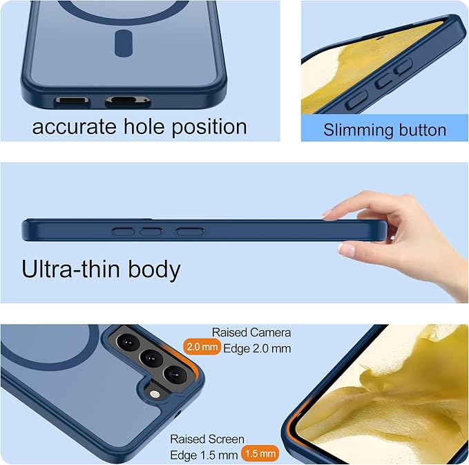 Pilaru for Samsung Galaxy S22 Case [Compatible with Magsafe] Translucent Matte Magnetic Phone Case,Slim Thin Duty Shockproof Protection Cover with 2pc HD Screen Protector-Dark Blue