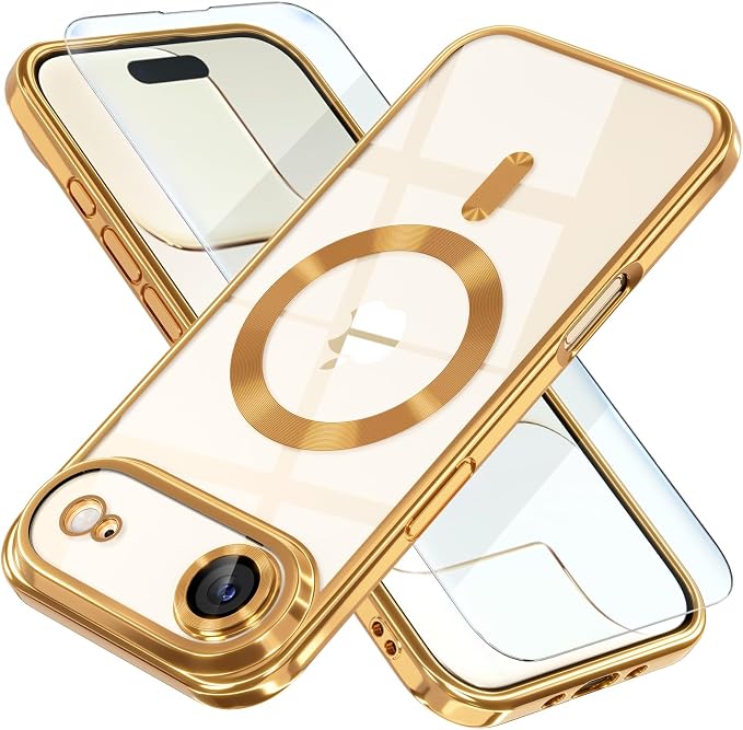 Misea Magnetic for iPhone 17 Air Case Compatible with MagSafe [Never Yellowing] [Military Grade Drop Protection] Full Camera Lens Protector Plating Soft Clear Phone Case for Women, Gold