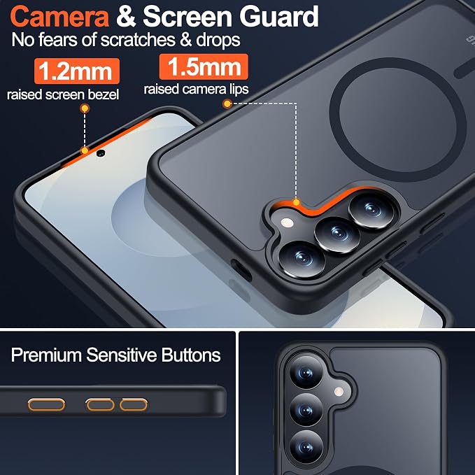 MOZOTER for Samsung Galaxy S25 Case with Magnetic,[Compatible with MagSafe][15Ft Military Dropproof][2*Screen Protector] Translucent Matte Anti-Slip Back Slim Shockproof Case for S25,6.2"-Black