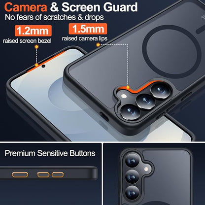 MOZOTER for Samsung Galaxy S25 Case with Magnetic,[Compatible with MagSafe][15Ft Military Dropproof][2*Screen Protector] Translucent Matte Anti-Slip Back Slim Shockproof Case for S25,6.2"-Black
