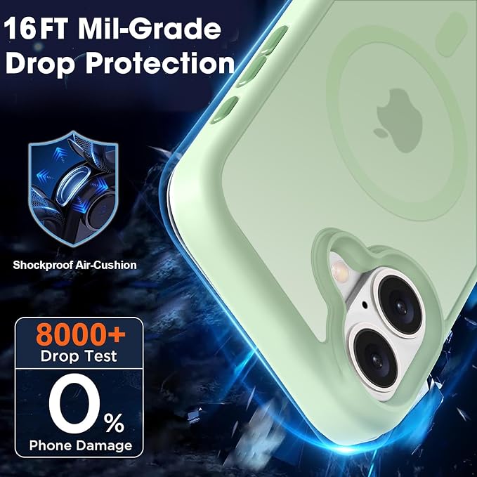 MOCCA Strong Magnetic for iPhone 16 Case, [Compatible with Magsafe][16FT Mil-Grade Drop Protection] Slim Thin Translucent Matte Protective Cover Case for iPhone 16 Phone Case 6.1", Light Green