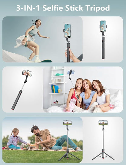 Selfie Stick Tripod with Light, 67'' Tripod with Wireless Remote, Portable Phone Tripod Compatible with iPhone 16/15 Pro Max/15/14 Pro/14/13, Samsung S22/ S23 Ultra/Android Smartphone