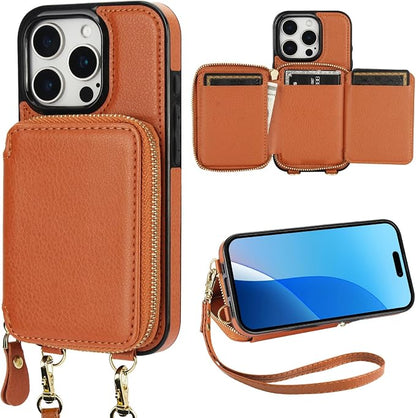 Bocasal RFID Blocking Wallet Case for iPhone 16 Pro, Adjustable Crossbody Zipper Purse Case Card Holder with Kickstand Detachable Wrist Strap, PU Leather Flip Folio Case 6.3 Inch 5G (Brown)