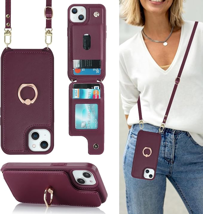 Lipvina for iPhone 14 Plus Case with Card Holder and Strap for Women,Crossbody Lanyard,RFID Blocking,Stand Ring Kickstand,Snap Clasp,Phone Wallet Cases 6.7 inch(Wine Red)