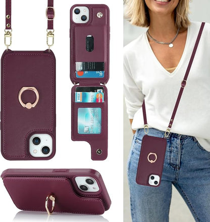 Lipvina for iPhone 14 Case with Card Holder and Strap for Women,Crossbody Lanyard,RFID Blocking,Stand Ring Kickstand,Snap Clasp,Phone Wallet Cases 6.1 inch(Wine Red)