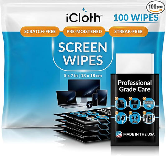 iCloth Large Screen Cleaning Wipes for Electronics, Lint-Free and Streak-Free, Fast-Drying, Removes Dust, Fingerprints, and Smudges (100 Wipes)