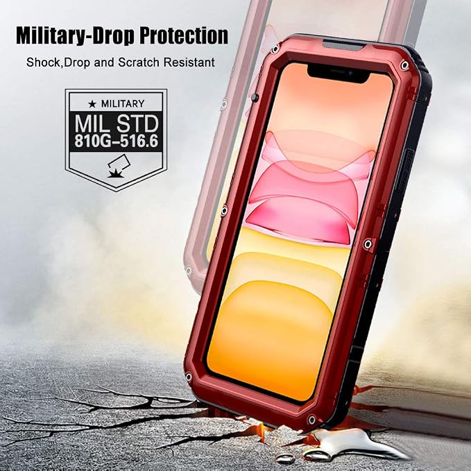 Beasyjoy for iPhone 11 Heavy Duty Waterproof Metal Case - Full Body Protective Shockproof Dustproof Military Grade Rugged Defender Outdoor Case (Red)