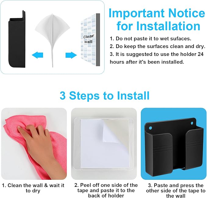 Jetec 8 Pieces Wall Mount Phone Holder Adhesive Remote Control Storage Box Wall Mount Charging Phone Stand Holder Adhesive Non Slip Media Organizer Storage Box for Bedroom Kitchen Bathroom (Black)