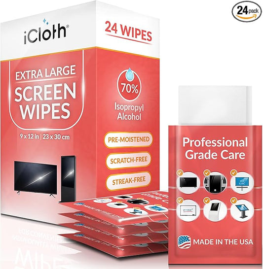 iCloth XL Wipe - 9x12 Inch Electronics Cleaning Wipe, 70% Isopropyl Alcohol, Individually Sealed - Streak-Free, Lint-Free, Restores Optical Clarity - TV, Monitor, Laptop (24 Wipes)