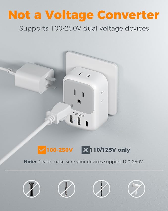 TESSAN Israel Adapter Plug, 2 Pack, Type H Travel Adaptor | US to Israel Power Adapter, 3 USB Ports (1 USB C Port), 4 American Outlets, Type H Travel Adaptor for USA to Jerusalem